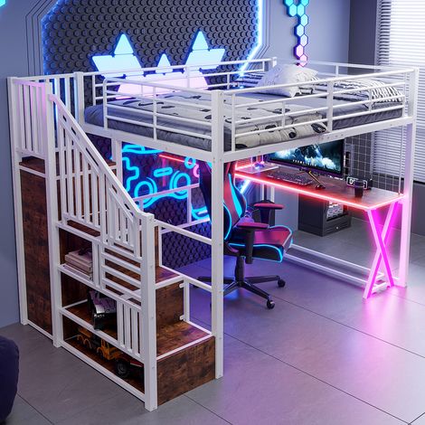Hochbett Doppelbett mit LED, Schreibtisch, Kleiderschrank und Regalen 140×200 cm, ohne Matratze, Weiß