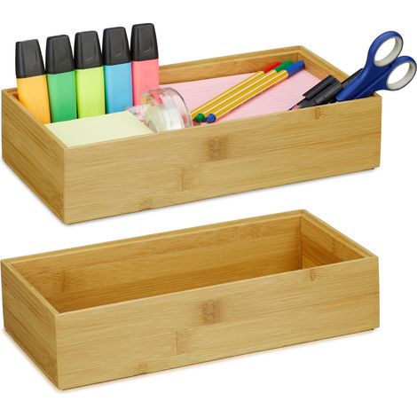 2x Contenitore Portaoggetti in Bambù, Impilabile, per Bagno Cucina Studio, HLP: 7 x 30 x 15 cm, Color Legno Naturale