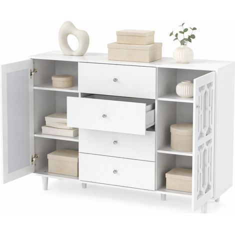 Credenza bianca a specchio con ante in vetro, 4 cassetti e maniglie effetto cristallo, mobile buffet elegante per soggiorno e sala da pranzo - CHICFURN (1/5)