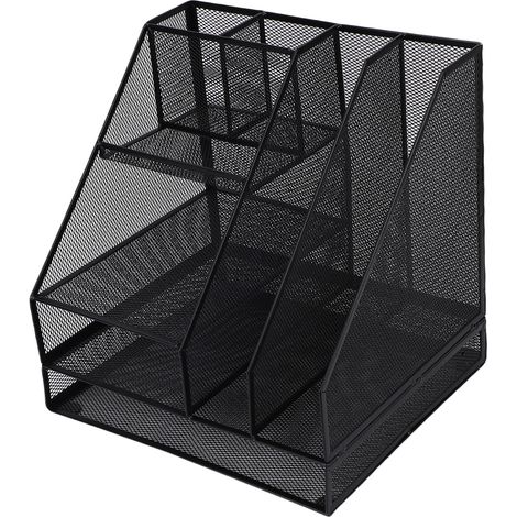 Organisateur de bureau en maille noire, porte-stylos épais 2 colonnes 4 niveaux, rangement multifonctionnel pour bureau (1/5)
