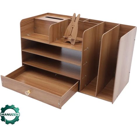 Manuzen - Organisateur de bureau en bois – 4 niveaux avec tiroir – Ton bois (1/3)