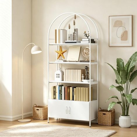 Librería curva de cuatro niveles con armario de doble puerta y estante de almacenamiento independiente para sala de estar u oficina. (1/5)
