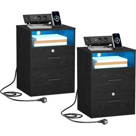 Table de Chevet,Lot de 2 avec Multiprise,avec Bande LED,2 Tiroirs (1/5)