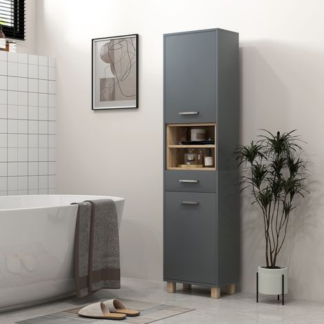 Badezimmerschrank, Badezimmermöbel mit 2 Schränken, Schublade und 2 offenen Fächern, grau