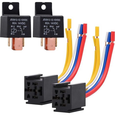 Lot de 2 relais de voiture avec faisceau de câbles pour moteur de camion, relais robuste à 5 broches 80 A 12 V, marche/arrêt, prise de relais relais automobile à 5 fils JD2912-1Z-12VDC 80 A 14 VDC (1/5)