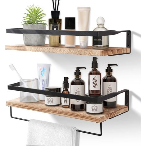 Etagere Murale Lot de 2, Etagères Murales Flottantes en Bois, Porte-Serviettes et Crochets Amovible, Charge Maximale 15kg pour Salon, Chambre, Bureau, Salle de Bain, Cuisine (1/5)
