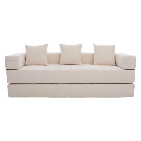 Sofá cama, sofá de 3 plazas con bolsillos laterales y base antideslizante, 3 cojines, de felpa (chenilla), blanco (1/5)