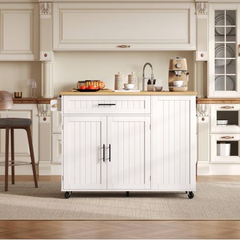 Isola cucina 130x70x93 cm con piano ribaltabile, contenitori e ruote con freno, MDF bianco (1/5)