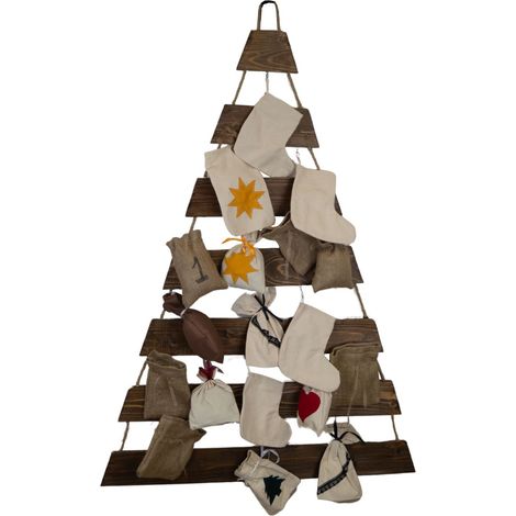 Weihnachtsbaum Adventskalender mit 24 Plätzen in palisander Deko-Holzleiter in Weihnachtsbaum-Form zum Aufhängen Tannenbaum Leiter (1/4)