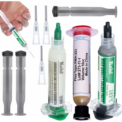 Kit di saldatura Rosfix Flux 338 + Stagno liquido 183°C +2x stantuffo, 2x ago + Flusso saldante Rosfix Flux RMA-223 con stantuffo e ago