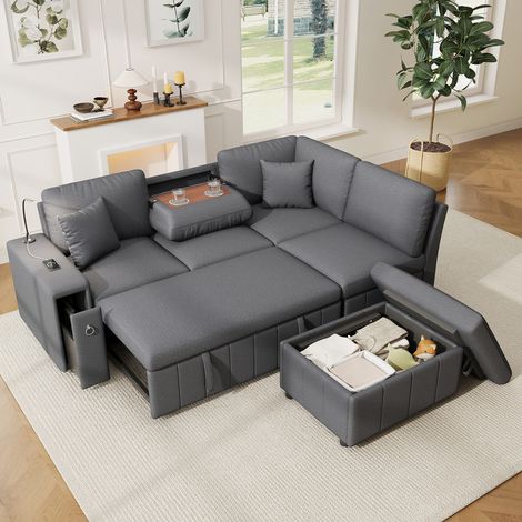 Canapé d'angle convertible extensible,canapé lit,canapé 3 places Moderne ports USB et Type-C,Canapé de Salon en L,pouf de rangement,table basse pliante,lampe de lecture et 2 coussins inclus,Gris (1/5)