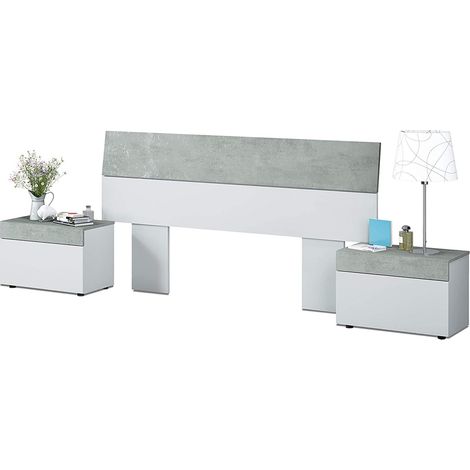 Tete de lit avec 2 tables de chevet coloris Blanc Artic / Béton - 176 cm (longueur) x 96,5 cm (hauteur)
