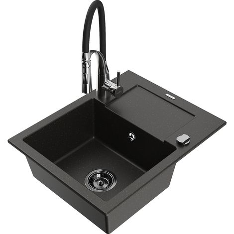 Mexen Enzo lavello in granito a 1 vasca con scolapiatti e rubinetto da cucina Aster, nero/oro metallico - 6506-75-73450-07-B (1/5)