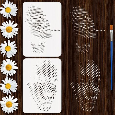 2Pcs Pochoir de Peinture Points de Figures Avec Pinceau en Plastique 21x29.7cm Modèle de Dessin de Visage Réutilisable Pochoir de Visage en Points Modèle à Thème de Personnage pour Bois (1/5)