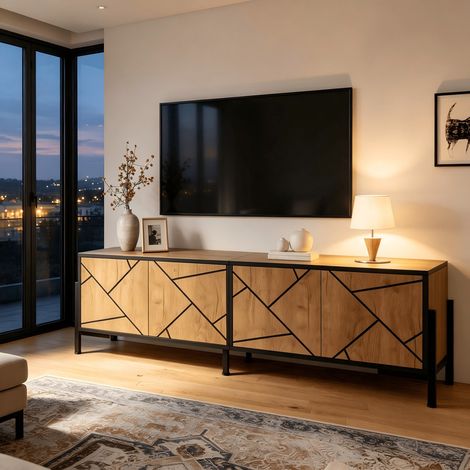 Meuble TV 153 x 40 x 50 cm, lowboard avec 4 portes, design géométrique contrasté – bois naturel et lignes noires, pour téléviseur jusqu'à 65 pouces (1/5)