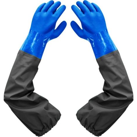 Dépolie Étanche Gants-Allonger Gants en Caoutchouc-Gants de Nettoyage D'étang, Doublure Floquante Poignets Élastiques, Pour Industrie chimique Agriculture Pêche Construction (bleu, Brie, 70cm)