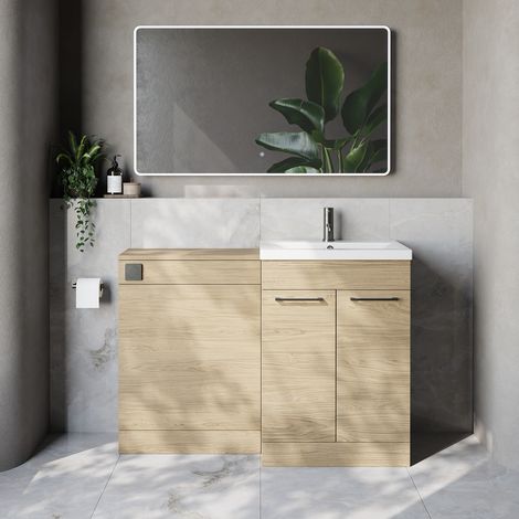 Napoli 390 Cento Light Oak 1200mm 2 Door Vanity Unit Toilet Suite with Glide Basin - 1200mm - Gunmetal Grey 160mm HandleWithout Kingston Toilet Pan