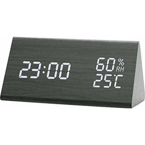 Alarm clock with wooden LED electronic time display, double temperature and humidity detection, ideal for bedroom, children at night (1/5)