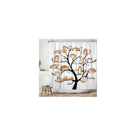 Rideau de Douche Arbre à Chat 150x180cm Ensemble Orange Mignon Chaton Rideau de Bain Aquarelle drôle Animal de Compagnie Chat Rideaux de Douche Lavable