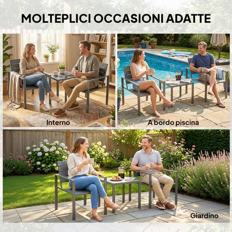 Set de jardin 3 pièces gris anthracite : 2 fauteuils extérieur + table basse en métal et polyéthylène haute densité (1/5)