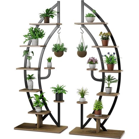 GOPLUS Support pour Plantes en Métal 6 Niveaux, étagère à Fleurs en Forme de Demi-lune avec Crochet, Dispositif Anti-Basculement, pour Balcon, Terrasse, Jardin, 60 x 30 x 155 CM (2 PCS)