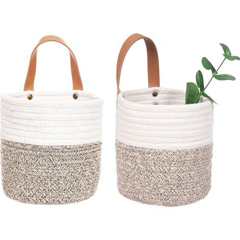 Lot de 2 petits paniers suspendus en corde de coton avec poignée, panier de rangement suspendu, paniers d'étagère, bac de rangement, organisateur de placard 15,2 x 16,5 cm, panier à plantes tissé – (b (1/5)