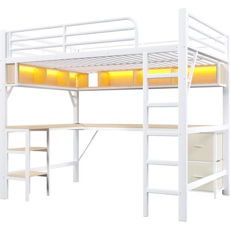 Letto a soppalco 140x200 cm in metallo con scrivania, libreria, armadio, USB e LED, bianco