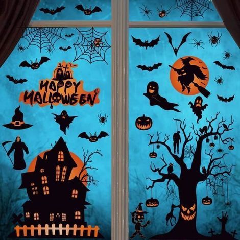 Stickers décoratifs Halloween pour fenêtre ou miroir. Citrouilles, chats, chauve-souris, fantômes, sorcières, araignées, etc… (1/3)