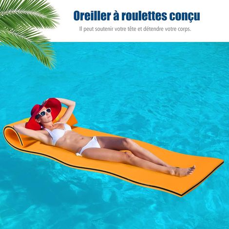 COSTWAY Tapis Flottant en Mousse XPE 210x66CM 3 Couches avec Attache Elastique 1,5M Capacité Portante 60KG pour Piscine/Plage Orange