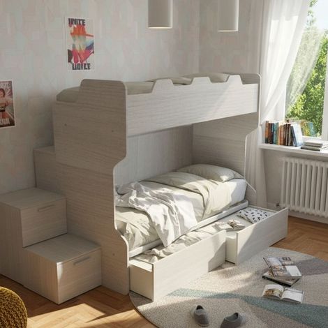 Letto a castello salvaspazio con scala a cassettoni e camminatoio - Rovere rock
