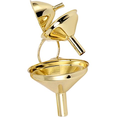 Set di 3 imbuti in acciaio inox color oro, ideali per conserve di olio, metallo liquido e altri alimenti. (1/5)