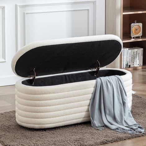 Wahson Faux Fur Storage Bench - Modern Window Seat Ottoman with Sturdy Frame, Upholstered Entryway Bench for Bedroom Living Room, Beige (1/5)