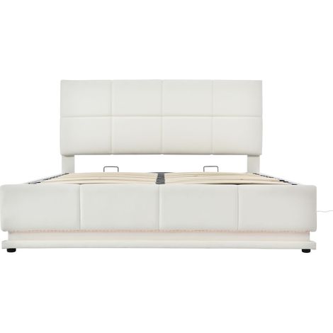 Lit Coffre 160 x 200 cm en Similicuir, Lit Double avec LED Réglable et Tête de Lit Ajustable, sans Matelas, Blanc (1/5)