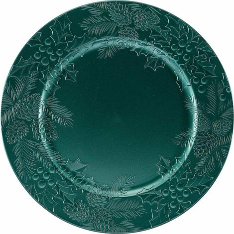 Assiettes de présentation de Noël en plastique rigide vert à houx en relief, set de 8, diam. 33 cm