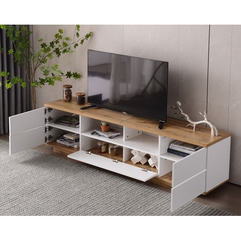 Meuble TV en bois moderne 180 x 38 x 46 cm avec 5 portes et compartiments de rangement ouverts MDF Blanc et Bois (1/5)