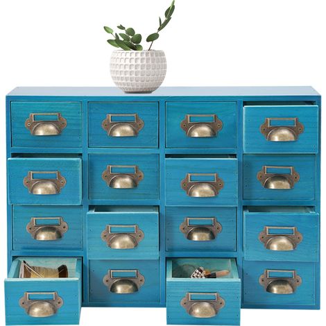 Armoire rangement 16 tiroirs - Bleue - 50x10x35 cm - Bois massif - Charge 10 kg - Design vintage, poignées métal - Sans assemblage - Pour bureau, herboristerie (1/5)