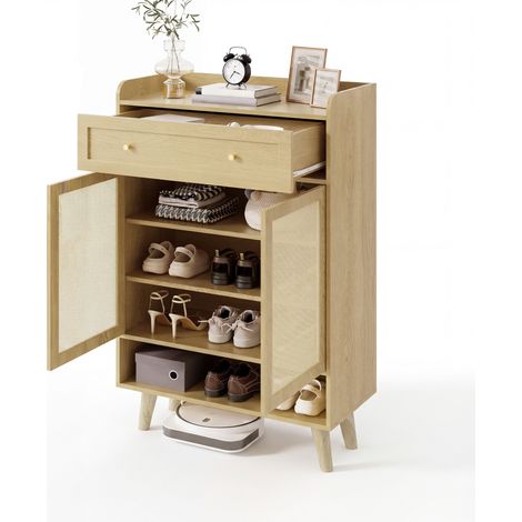 ELVMI Mueble zapatero con 2 puertas, 4 estantes y 1 cajón, recibidor, 80 x 35 x 105 cm, roble claro (1/5)