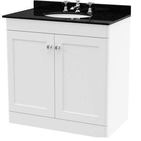 Swynnerton Traditional 2 Door Floor Standing Vanity Unit with Marble Basin, Satin White, 800mm
