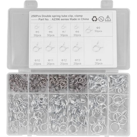 Colliers de serrage pour tuyau d'irrigation à Double fil, 250 pièces, en Zinc bleu blanc, résistant à la Corrosion, Clips à ressort avec boîte de rangement (1/5)