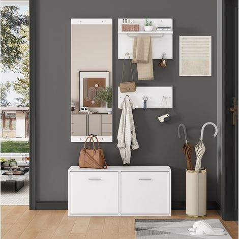 Guardaroba d'ingresso 4 pezzi con specchio, mobile porta scarpe 90 x 30 x 41,5 cm, bianco, REDOM (1/5)