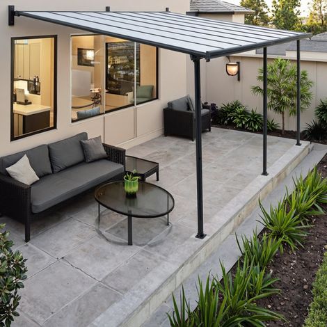Pergola adossée aluminium gris 400x492 cm toit polycarbonate (1/5)