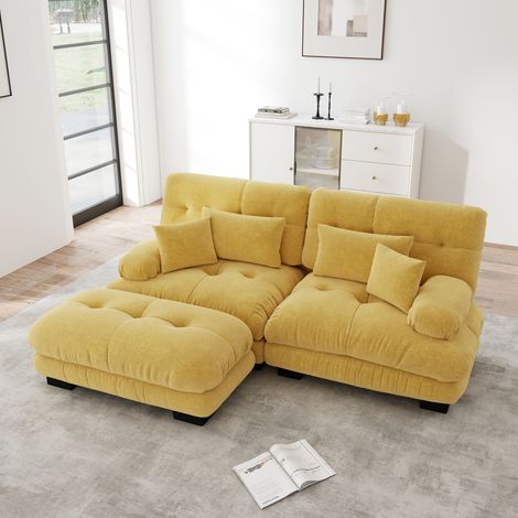 Canapé jaune en chenille pour salon, canapé double avec pouf, 2 coussins lombaires et 2 coussins décoratifs, assise rembourrée à accoudoirs larges (1/4)