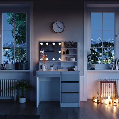 Schminktisch Sherry, Weiß, 140 cm mit LED Beleuchtung, und Spiegelregal, Vicco