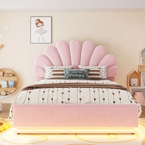 Lit coffre hydraulique 140x200cm avec led et tête de lit fleur - velours - rose (1/5)