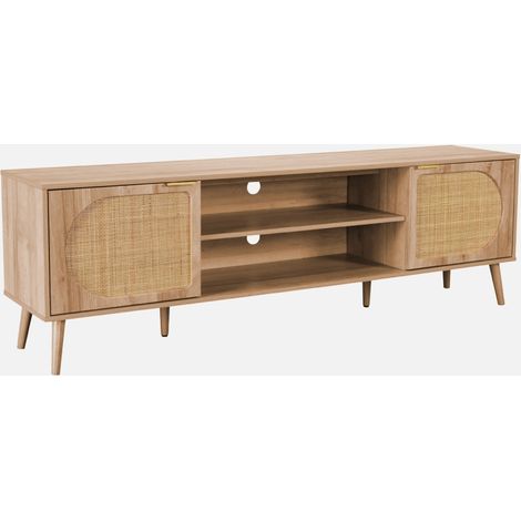 Mobile TV decorazione legno e paglia intrecciata arrotondata 2 ante, 180cm (1/5)