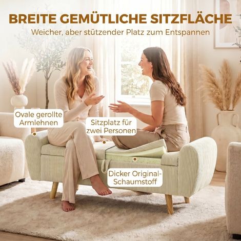 Banque avec rangement, banquette rembourrée effet velours côtelé, pieds en bois et accoudoirs roulés, beige (1/5)