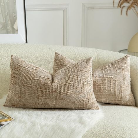 Lot de 2 Housses de Coussin en Chenille Douce Design Texturé Noeud de Bambou Décoration pour Canapé Lit ou Salon 30x50 cm Camel (1/5)