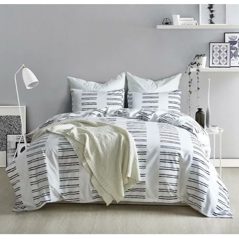 Parure de Lit Géométrique Stries, Housse de Couette 200x200 + 2 Taie d'oreiller 50x75, Linge de Lit - Ensemble de Literie, M (1/4)