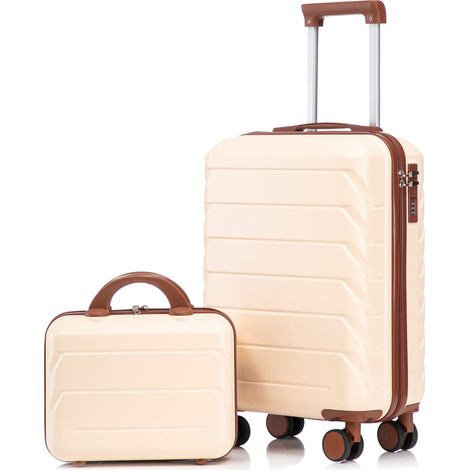 Set de valises 2 pièces en ABS à roulettes pivotantes 14"/19" avec serrure à combinaison et trousse de toilette 14" (Beige) (1/5)