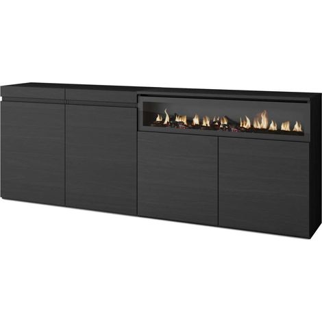 Aparador Benaoján-01 de 200x75x35 cm con 4 puertas, chimenea eléctrica, color negro (1/4)